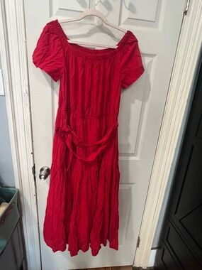 Lulu's Red Off-Shoulder Maxi Dress with Waist Tie